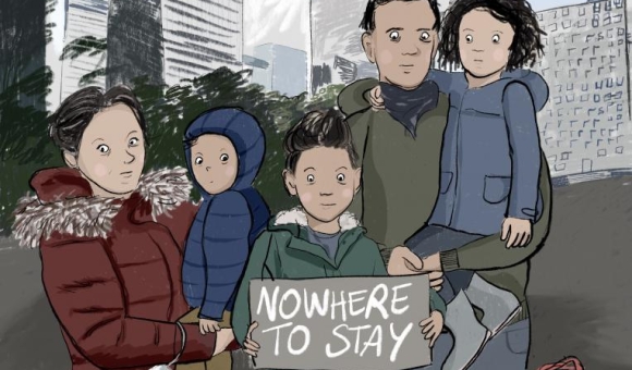 Tekening gezin 'Nowhere to stay'